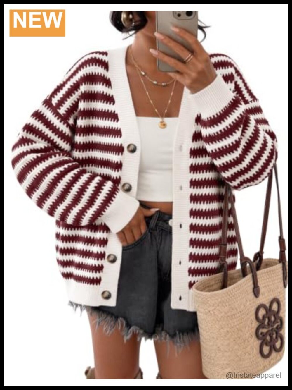 Striped V-Neck Button Cardigan Knit Sweater